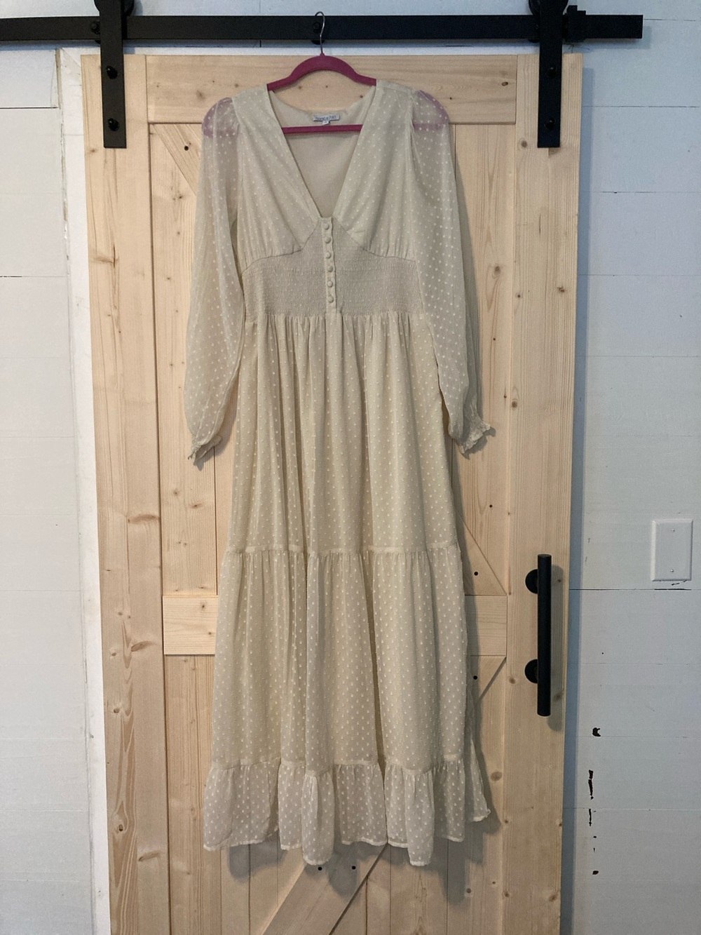Patrons of Peace Ivory Swiss Dot Maxi Dress with Sheer Sleeves